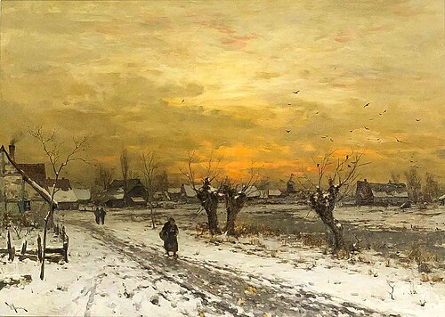 Wintry village at dusk, , Walter Moras