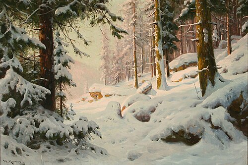 Forest scene at winter time, , Walter Moras