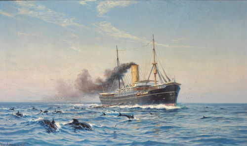 The 'Annam' surrounded by dolphins., 1901, Vilhelm Arnesen