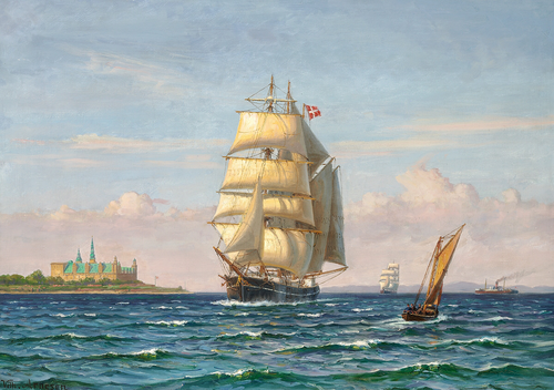 Sailing ships off Kronborg, Denmark., 1915, Vilhelm Arnesen