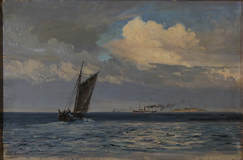 Ships off an island with a lighthouse., 1915, Vilhelm Arnesen