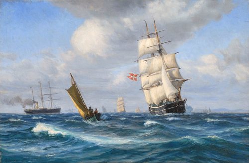 Numerous vessels in a shipping channel., 1915, Vilhelm Arnesen