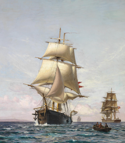 Three fully rigged ships and a dinghy off a coast., 1915, Vilhelm Arnesen