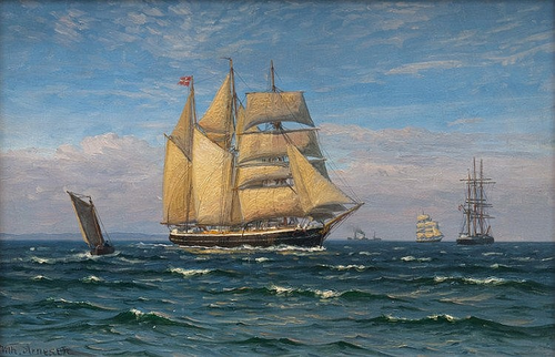 A barquentine and other sailing ships at sea., 1915, Vilhelm Arnesen