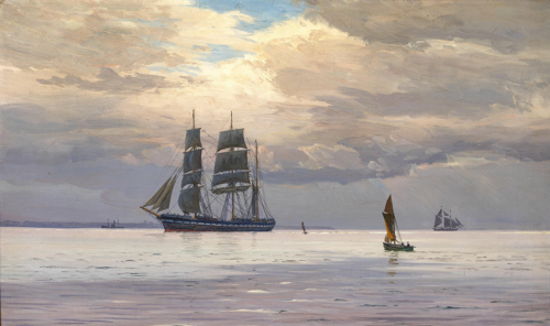 Sailing ships at sea on a grey day., 1915, Vilhelm Arnesen
