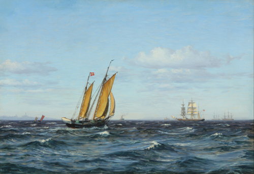 A schooner and other sailing ships in the Sound., 1915, Vilhelm Arnesen