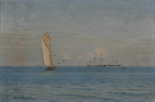 Sailing ships at sea. 28 x 43 cm., 1915, Vilhelm Arnesen