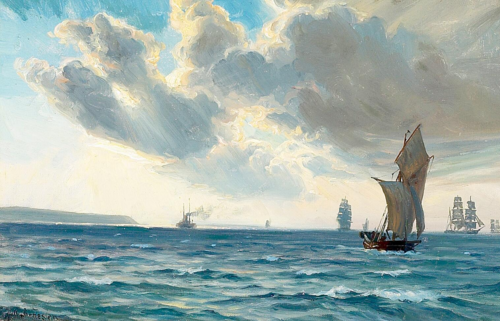 Sailing ships and a steamship at sea., 1915, Vilhelm Arnesen