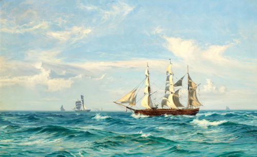 Sailing ships at sea. 65 x 106 cm., 1915, Vilhelm Arnesen