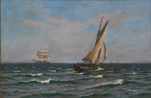 Seascape with sailing ships and boats off the coast of Gilleleje, Denmark., 1924, Vilhelm Arnesen