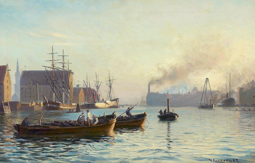 Evening in the port of Copenhagen with people and boats., 1887, Vilhelm Arnesen