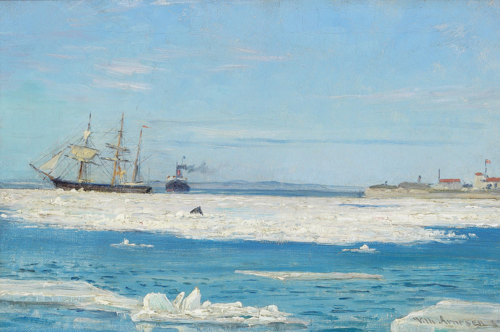 Ships off the coast in winter., 1889, Vilhelm Arnesen