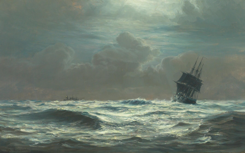A three-masted ship and a steamship at sea., 1896, Vilhelm Arnesen