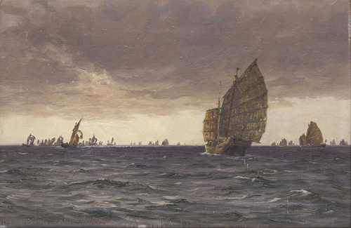 Chinese fishing junks at sea., 1899, Vilhelm Arnesen