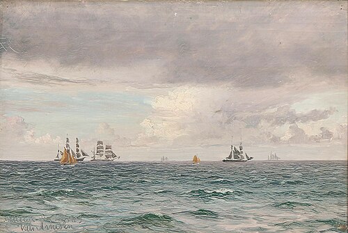 Seascape with sailing ships at Gilleleje, Denmark., 1903, Vilhelm Arnesen