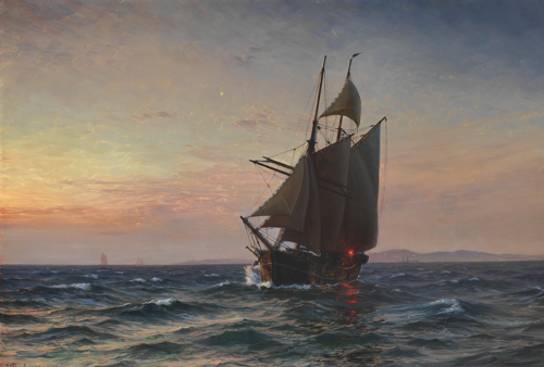 A sailing ship at sea at dusk., 1906, Vilhelm Arnesen