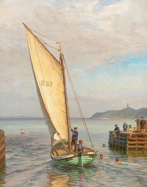 Harbour scene with bathing children., 1909, Vilhelm Arnesen