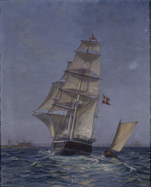 The brig Tjalfe in the Sound with Kronborg in the background., 1911, Vilhelm Arnesen