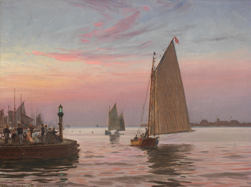 Posh people of Copenhagen on a pier admiring the sunset and the sailboats., 1911, Vilhelm Arnesen