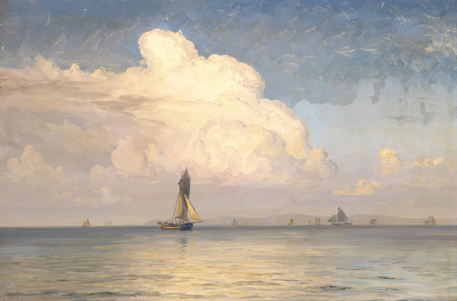 Ships in the Kattegat on a clear day. The coast of Kullen in the distance., 1912, Vilhelm Arnesen