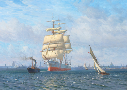 The barque Holdana is towed out of the port of Copenhagen., 1917, Vilhelm Arnesen