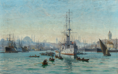 The cruiser Heimdal on the roads of Constantinople in 1908., 1918, Vilhelm Arnesen