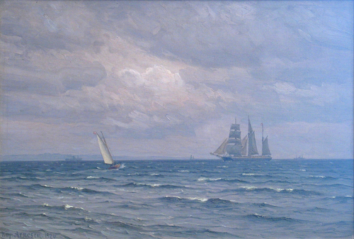 Sailing ships and steamships near a coast., 1920, Vilhelm Arnesen