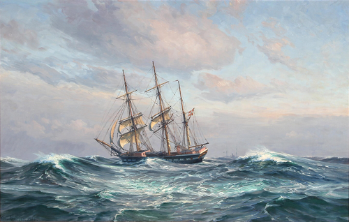 Seascape with sailing ship in high waves., 1921, Vilhelm Arnesen