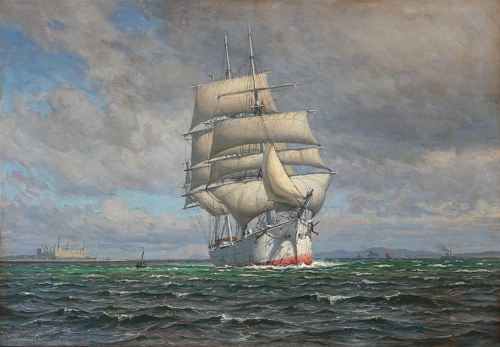 Seascape with a sailing ship and Kronborg Castle in the background., 1921, Vilhelm Arnesen
