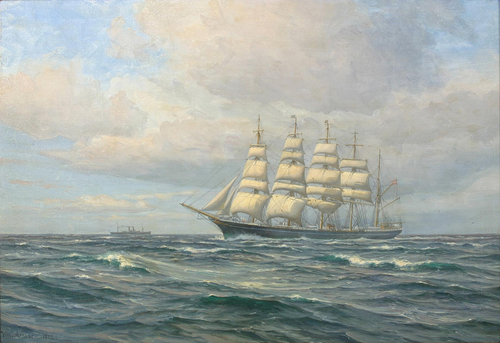 The training vessel “København” with a steamship on the horizon., 1922, Vilhelm Arnesen