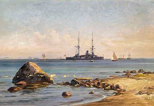 A Danish cruiser near a coast., 1923, Vilhelm Arnesen