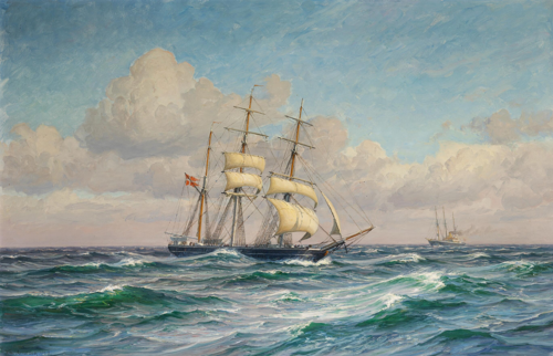 The Greenland barque “Nordlyset” encounter the steamship “Hans Egede” in the North Sea., 1923, Vilhelm Arnesen