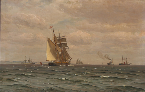 Seascape with sailing ships and a steamer., 1923, Vilhelm Arnesen