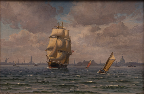 A fully rigged ship off Copenhagen., 1928, Vilhelm Arnesen