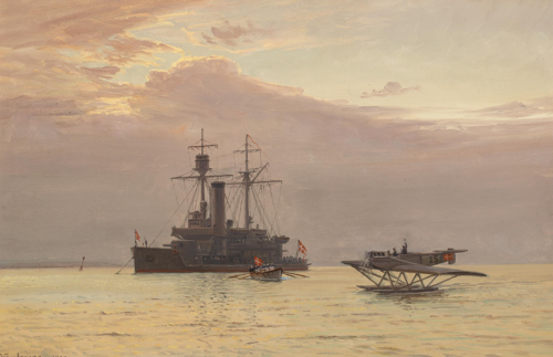 The Danish coastal defence ship Olfert Fischer receiving mail by air., 1928, Vilhelm Arnesen