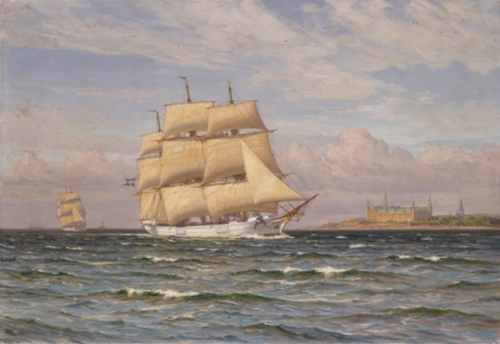 A Swedish fully rigged ship in the Sound off Kronborg Castle., 1930, Vilhelm Arnesen