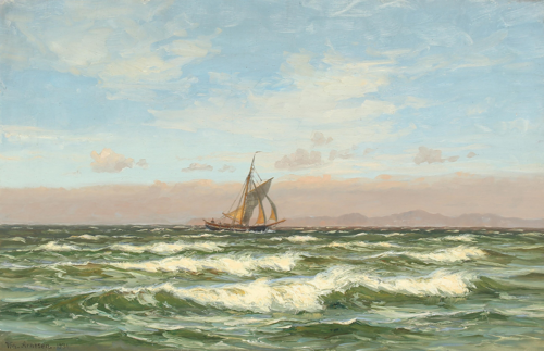 A sailing ship passing a rocky coast., 1931, Vilhelm Arnesen
