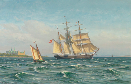 The barque Thorvaldsen off Kronborg Castle., 1932, Vilhelm Arnesen