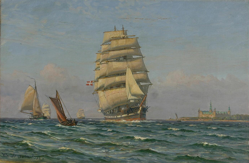 A fully rigged Danish ship along the coast of Kronborg Castle., 1932, Vilhelm Arnesen