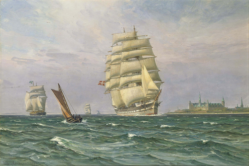 A Danish windjammer in the Sound off Kronborg Castle., 1933, Vilhelm Arnesen
