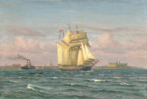 A topsail schooner at Kronborg Castle., 1940, Vilhelm Arnesen
