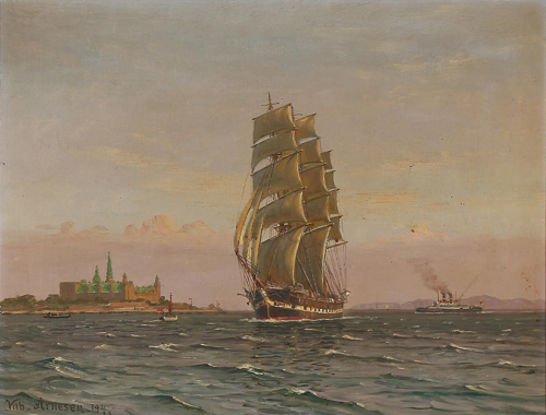 A frigate with Kronborg to starboard., 1941, Vilhelm Arnesen