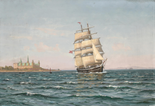 The three masted barque Thorvaldsen off Kronborg Castle., 1942, Vilhelm Arnesen