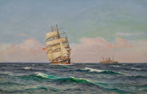 A threemaster and a steamship., 1944, Vilhelm Arnesen