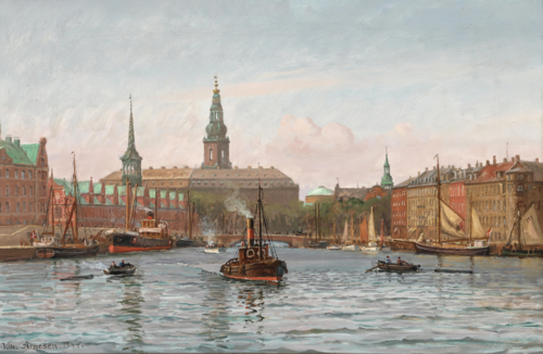 View from Copenhagen Habour with a view towards The Stock Exchange and Christiansborg Palace., 1944, Vilhelm Arnesen