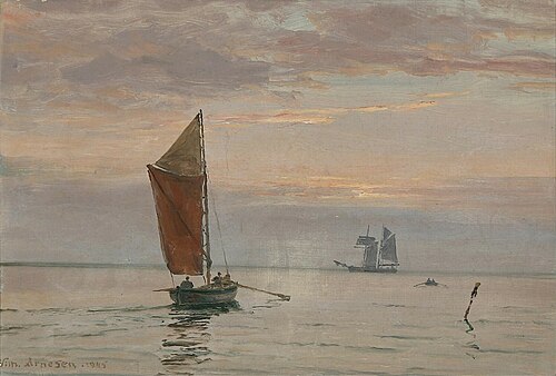 Sailing ships in the Sound at sunset., 1945, Vilhelm Arnesen