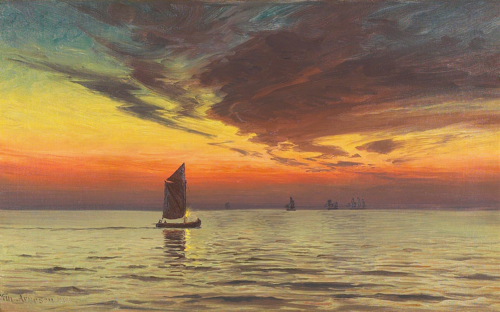 Sunset at a calm sea with ships., 1900, Vilhelm Arnesen