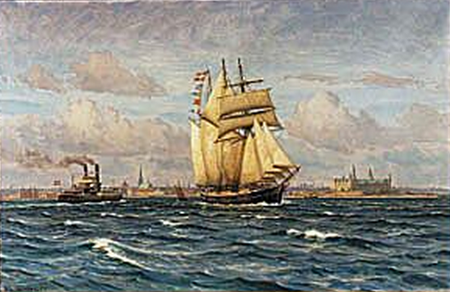 A three masted schooner and a ferry off Helsingør., 1931, Vilhelm Arnesen