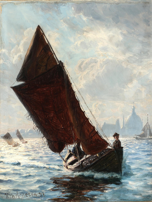Sailing boats in Copenhagen Harbour with Frederiks Chrurch in the distance., 1897, Vilhelm Arnesen