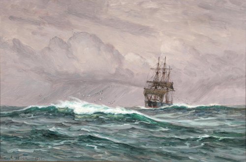 A sailing ship followed by a flock of birds., 1944, Vilhelm Arnesen